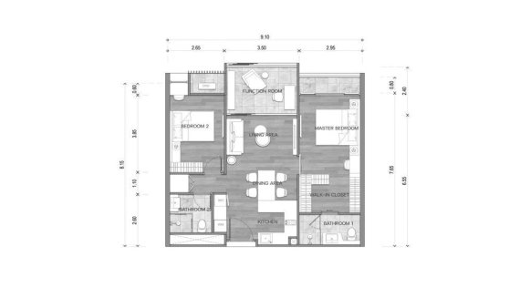 Планировка квартиры 2 спальни в корпусе Building K2 The Balance By The Beach in Phuket, Thailand, ЖК The Balance By The Beach № 11013 (2D)