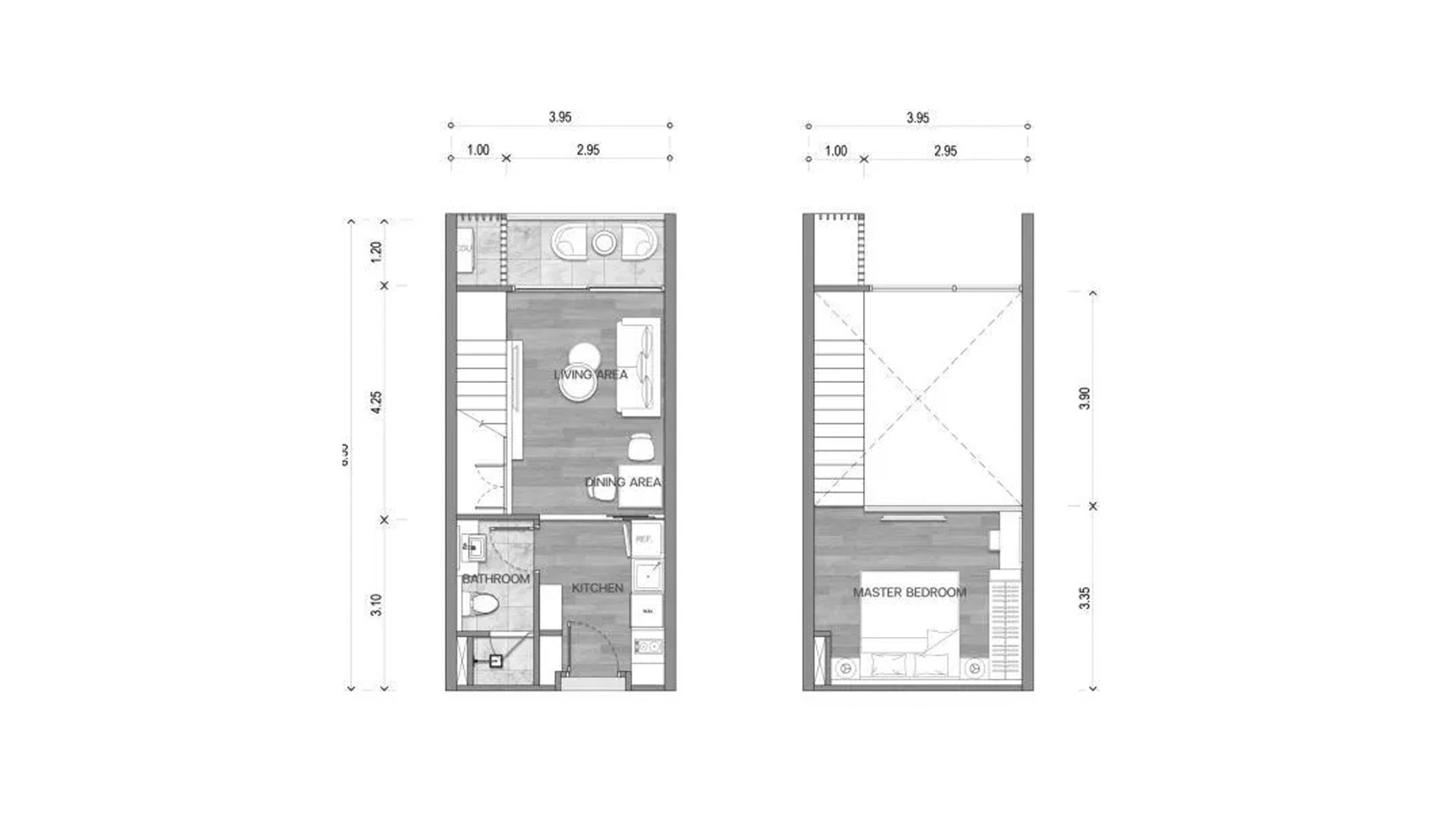 Duplex floor plan, 1 bedroom in building Building K2 The Balance By The Beach in Phuket, Thailand, The Balance By The Beach No. 11010